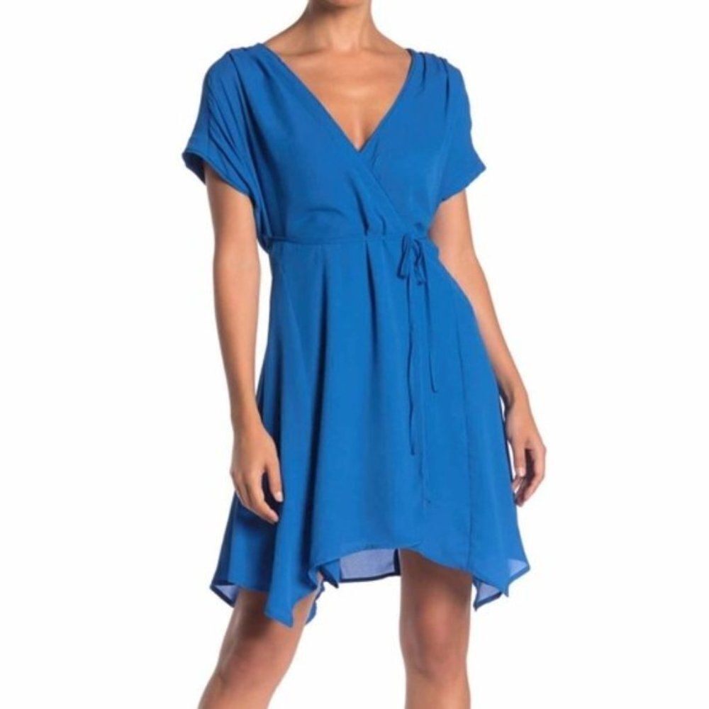 One One Six: Waist-Tie Faux-Wrap Mini Dress size XS in Blue- NEW